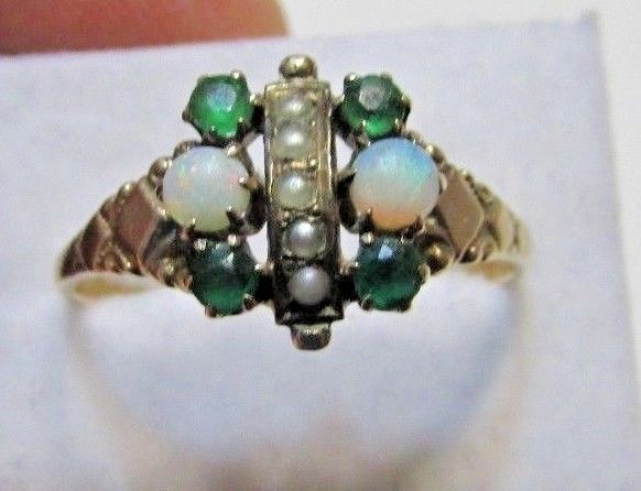 Antique Victorian 10K Yellow Gold Emerald Opal & Seed Pearls Ring Sz 8.5