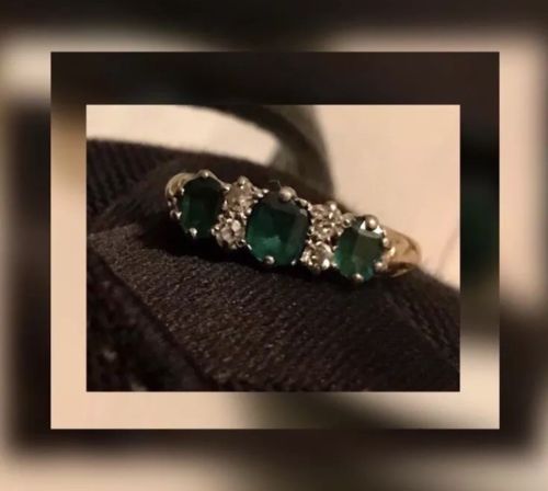 Antique Victorian 14K Gold Platinum Set Natural Emerald & Diamond Ring