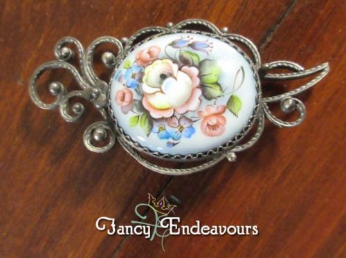 Victorian Silver and Enamel Hand Painted Flowers Pin Brooch