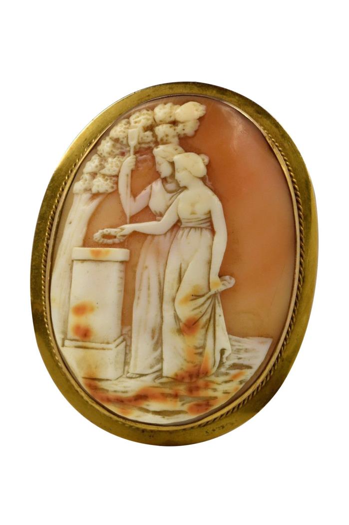 Large Victorian Carved Cameo Brooch w/ Mourning Scene in Heavy Gold Frame