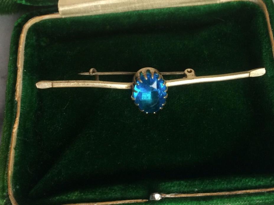 Antique Victorian Silver Oval Cut Blue Tourmaline Brooch C Hook OLD Bar Pin