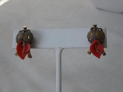 Natural Red Coral Calla Lily Earrings Victorian Silver Gilt Wedding Art Deco