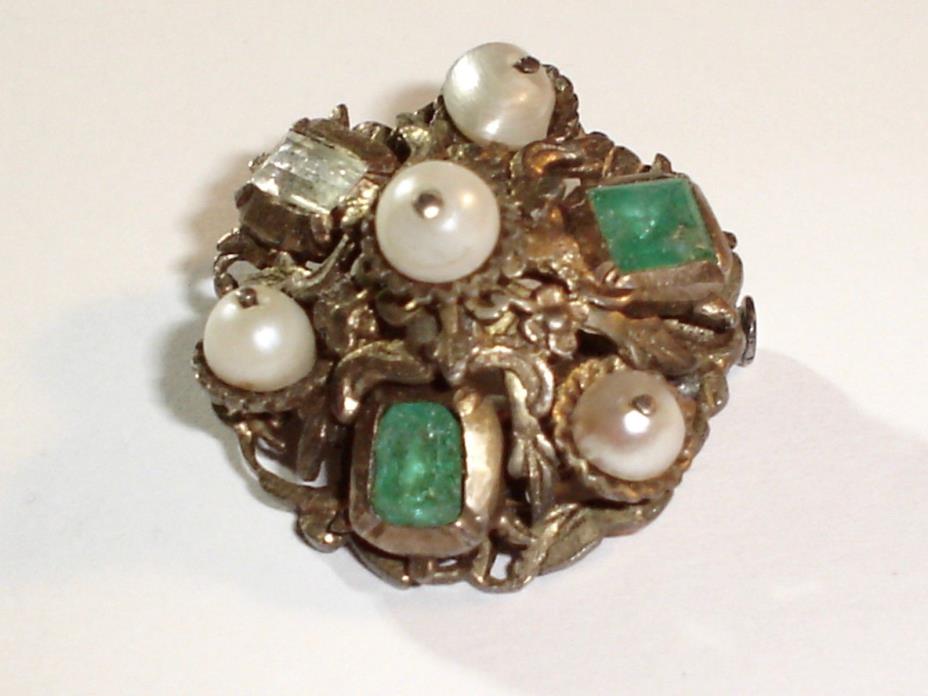 Gaudy Victorian Silver w/Gold Wash Brooch,Trombone Close,Emeralds,Pearls,Quartz