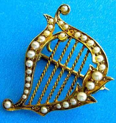 Antique Victorian 14K Gold Natural Pearls Harp Brooch/Pendant, 1880s Hallmarked