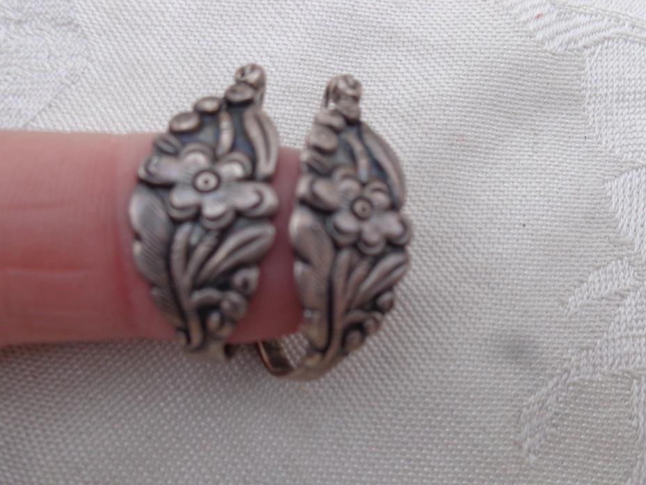 ANTIQUE VICTORIAN STERLING FLORAL REPOUSSE PIERCED WIRE EARRINGS OLD ESTATE