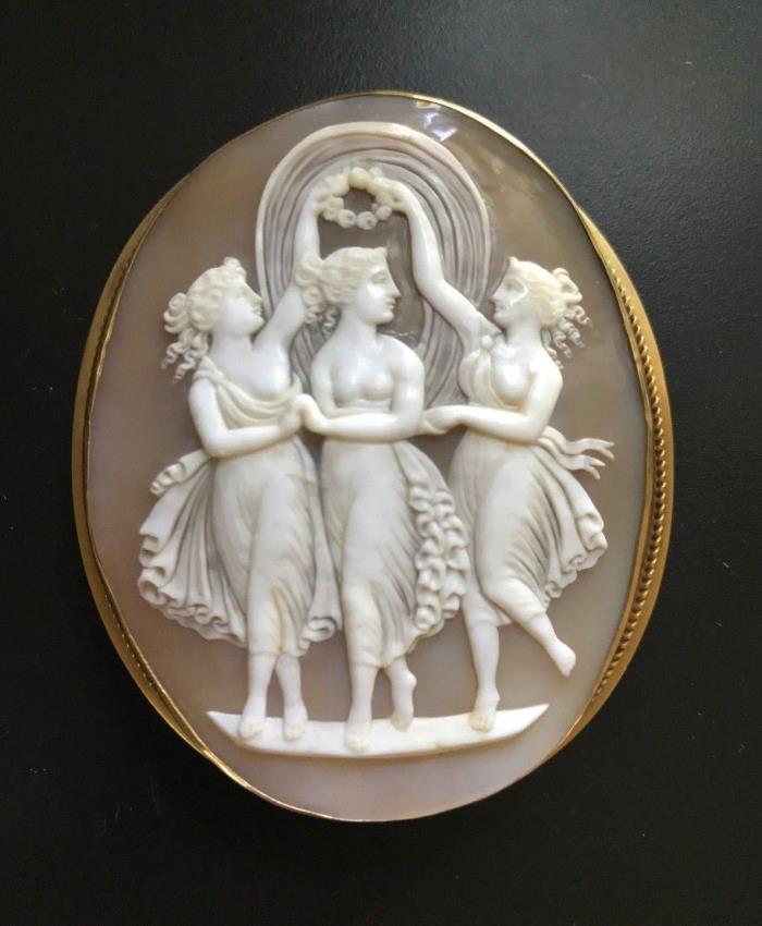 XX-tra Fine HUGE Antique Shell Cameo Brooch Pendant of Three Graces in 14k Gold