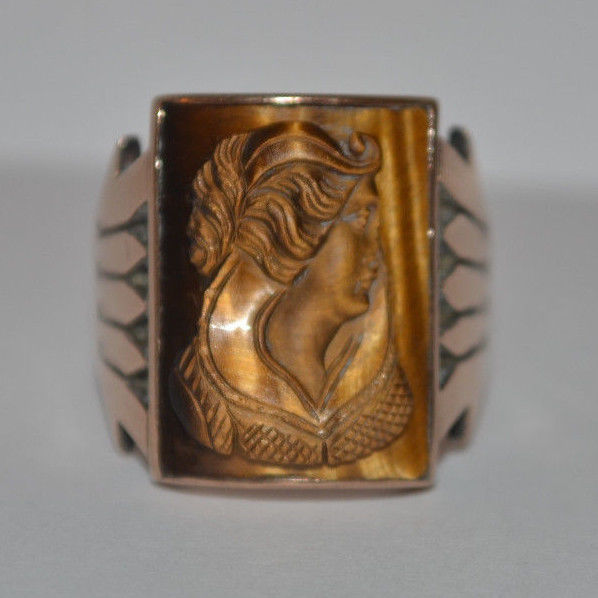 Beautiful Victorian TIGER EYE CAMEO RING 10k Yellow Gold Size 8.5 NICE!