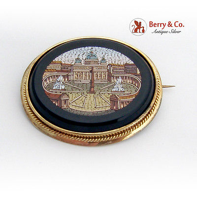 Large Antique Micro Mosaic Onyx Brooch 14K Yellow Gold Frame