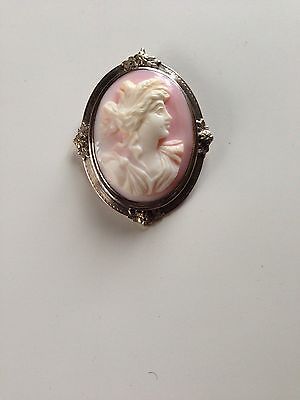 Beautiful Antique Pink Shell Cameo Brooch Pendant Pin 10k White Gold