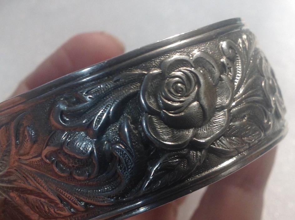 Antique Pre 1914 S Kirk & Son Sterling Silver Cuff Floral Rose Repousse Bracelet