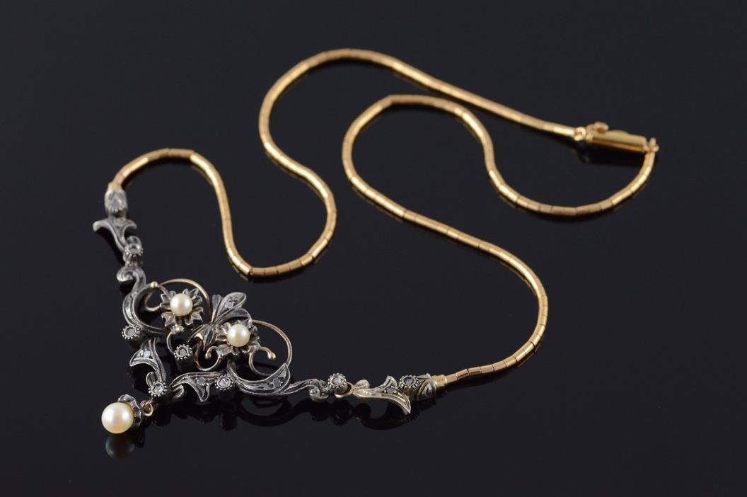 925/14K Stunning Diamond & Pearl Edwardian Necklace 16.25