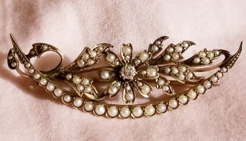 Beautiful 12K Victorian Seed Pearl and Diamond Brooch