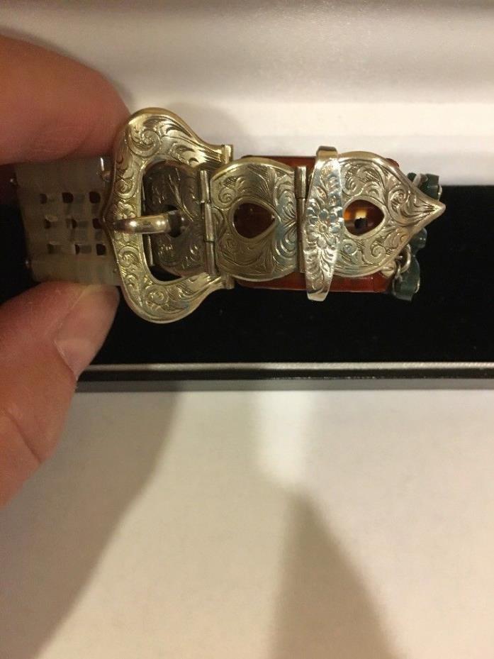 Antique Scottish Agate Bracelet Beautiful Sterling Silver Buckle Clasp-1800’s