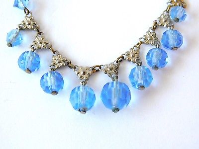 Antique Art Deco Nouveau Blue Glass Crystal Dangle Bib Necklace Repousse Silver