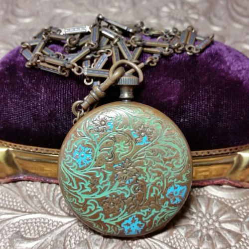 Vintage Antique Brass Floral Enamel Photo Locket Watch Fob Pendant Necklace