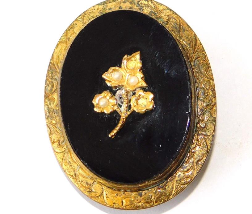 Antique Victorian Onyx Glass Seed Pearl Etched Oval Mourning Brooch Pin~GoldFill