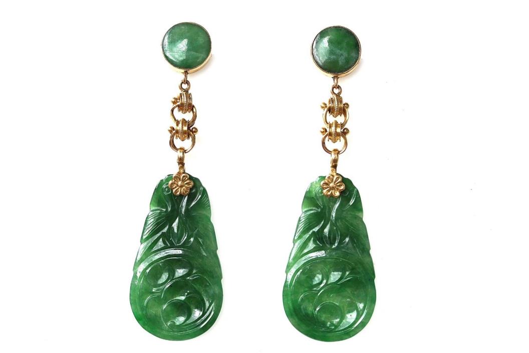GIA Certified Antique Natural Carved Jadeite Jade  Drop Dangle Earrings 14K Gold