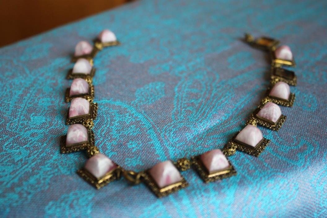 Vintage Ornate Pink Stone Gold Tone Necklace For Parts or Repair