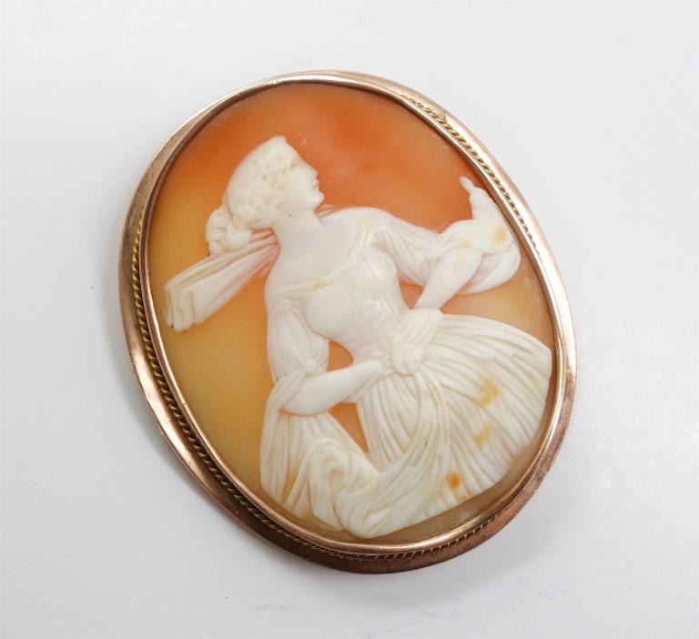 Antique 1850s/60s Large Dancing Woman Rose Gold Cameo Brooch for Restoration