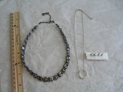 VINTAGE 4 BLACK & CLEAR RHINESTONE CRYSTAL NECKLACE EARRINGS JEWELRY LIZ CLAIRBN