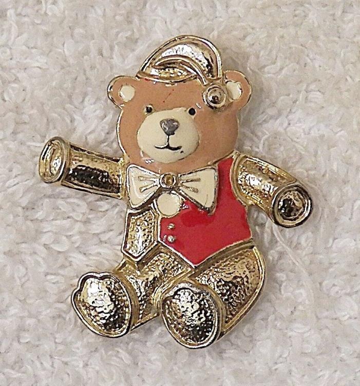 CLASSIC PIN BROOCH ARTISTIC CHRISTMAS TEDDY BEAR RED VEST BOW TIE GOLD TONE X18