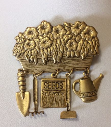 *Gold Tone Gardener Pin Brooch with Hanging Tools Dangle Water Can seeds rake