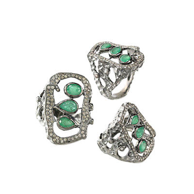 0.72 Ct. Pear Shape Emerald Gemstone 925 Sterling Silver Diamond Ring Jewelry