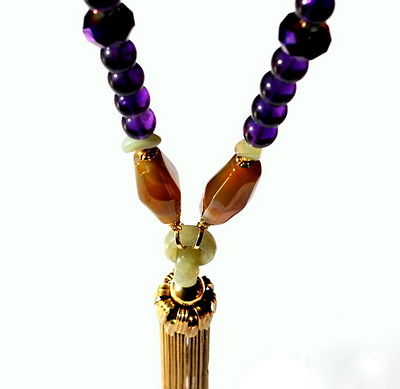 Vintage Amethyst,Jade,Jasper,Purple AB crystal Gold plated tassel Necklace 26
