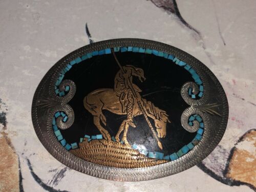 Vintage Sterling Silver, With Copper And Turquoise Inlays Belt Buckle Handmade