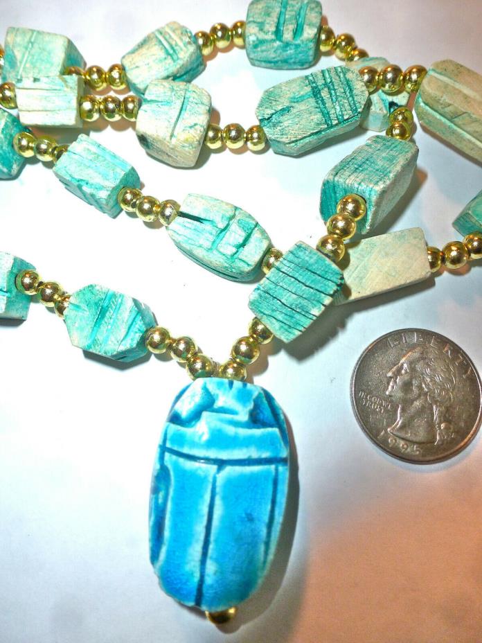 VTG EGYPTIAN BLUE SCARAB WOOD HAND-CARVED BEAD NECKLACE W. BIG CLAY SCARAB CHARM