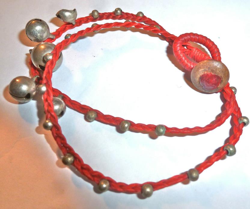 VTG RED LEATHER BRAIDED SILVER BELL & LITTLE SILVER BEADS CHARMS AFRICAN UNISEX