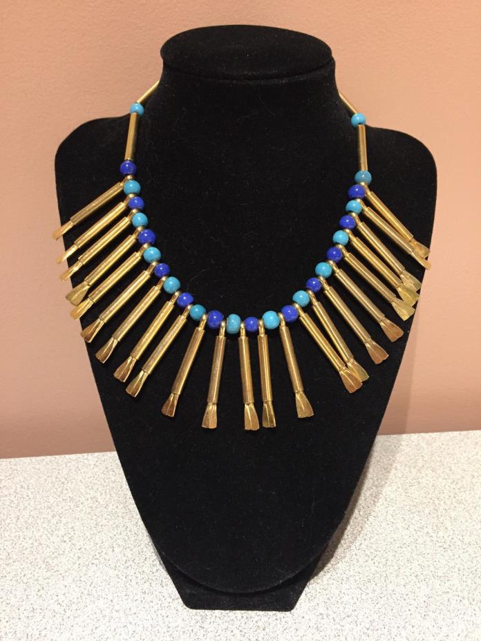 Egyptian Style Bib Necklace Blue Glass Pony Beads Gold-Tone Metal Tube Beads