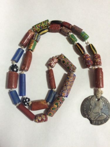 Rare historic african trade bead necklace coral, cobalt glass, venetian, 1782 8r
