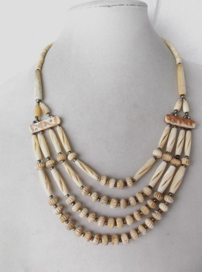 Ethnic design carved buffalo bone beaded necklace