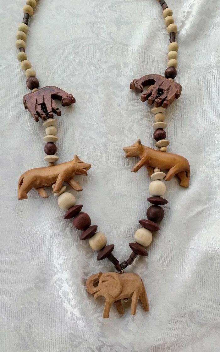 Chunky African Hand Carved Wood Animal Bead Necklace