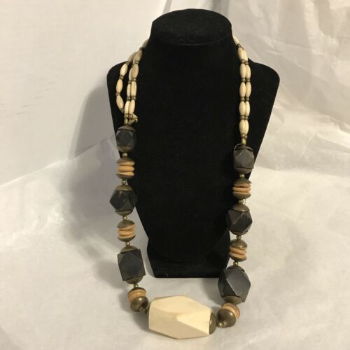 Chunky Tribal Necklace Brown Cream Statement