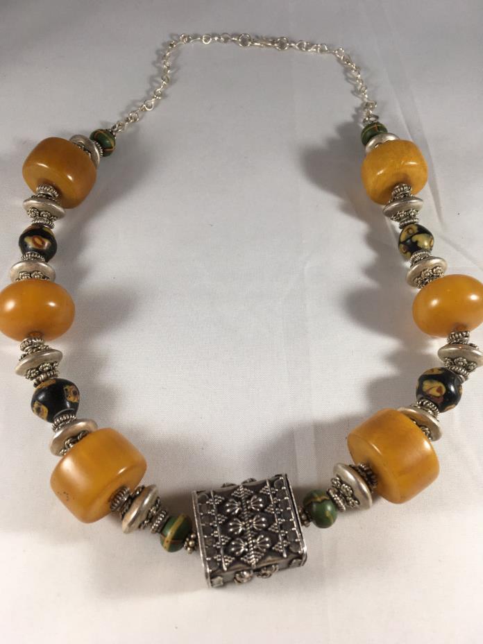 Vintage African Trade Bead Necklace with Amber and Sterling silver