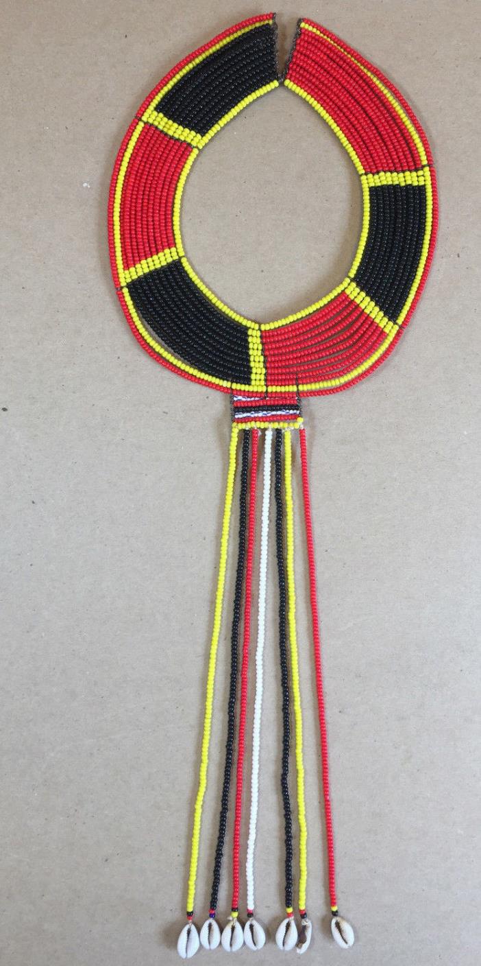 Vintage African Maasai  Beaded Collar Necklace Red Black Yellow Cowrie Shell