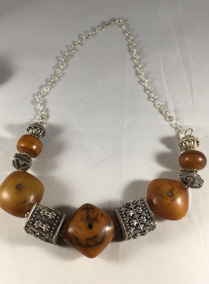 Vintage African Native Art Necklace with Amber and Sterling silver