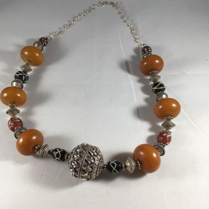 Vintage African Trade Bead Necklace with Amber and Sterling silver Ball pendant