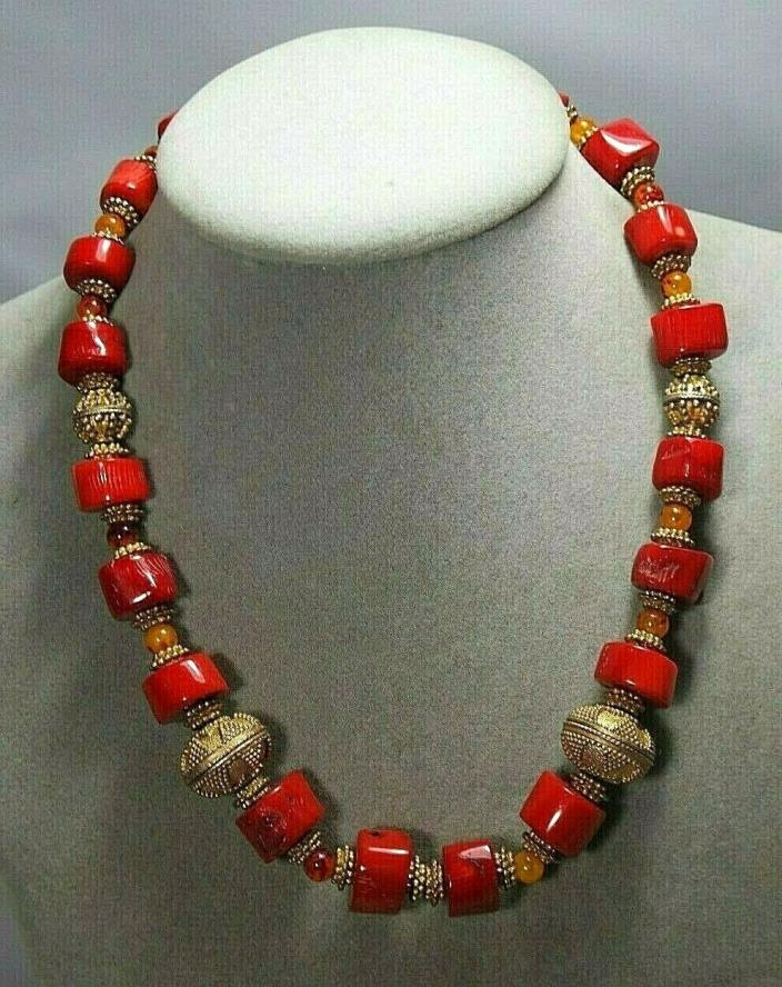 VINTAGE MOROCCAN BERBER NATURAL CORAL BRASS BEAD NECKLACE