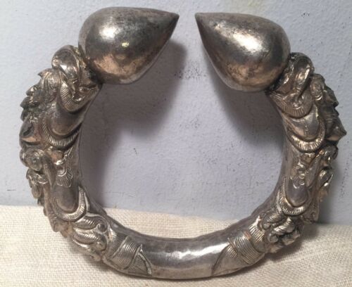 Antique Asian Ethnic Tribal Sterling Silver Double Dragon Massive Arm Bracelet