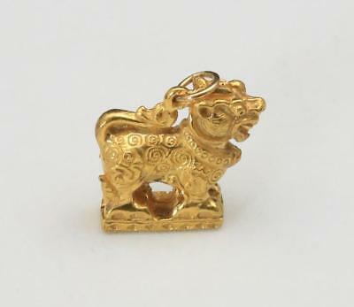 Vintage 24k Solid Yellow Gold Chinese Guardian Lion Foo Dog Pendant Detailed