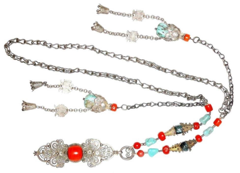 Vintage Sterling Silver Coral & Turquoise Court Necklace 36