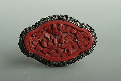 Antique Chinese Export Hand Carved Cinnabar Brooch Pin
