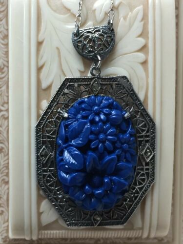 Vintage Chinese Sterling Silver Carved Lapis Glass Floral Necklace 18”