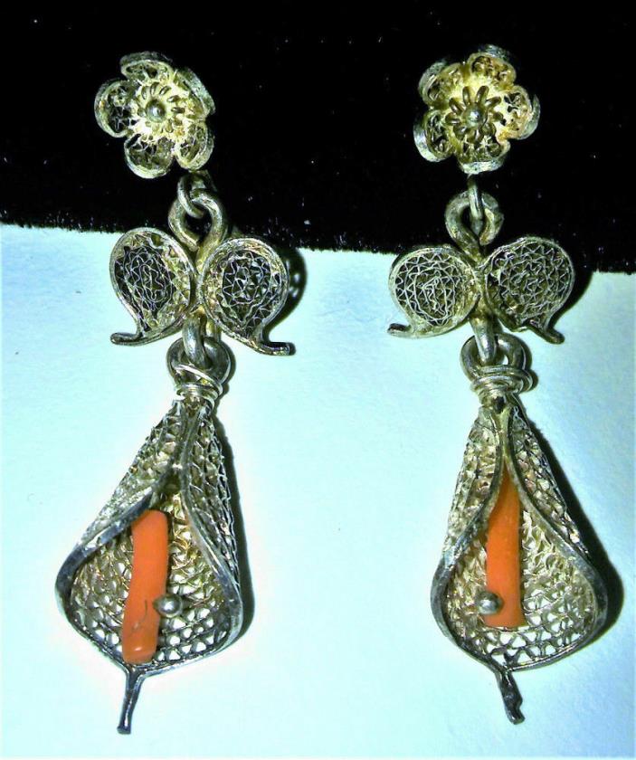 Antique Chinese Qing Silver Filigree Mesh Estate Red Coral Earrings Art Deco