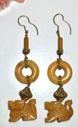 Antique/Vintage Chinese Gold-Filled Genuine Carved Yellow Jade Foo Dog Earrings