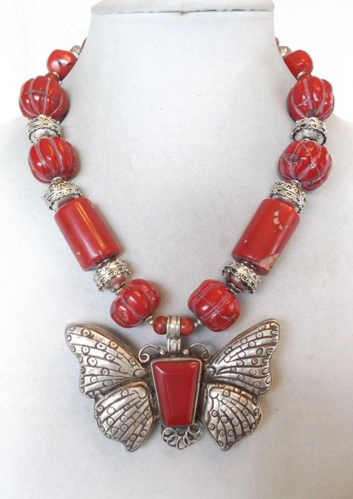 Vintage Nepalese carved red coral bead necklace w/repousse butterfly pendant