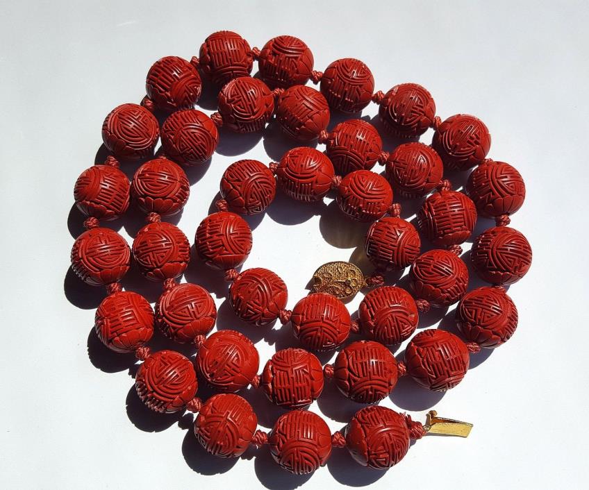 RARE Antique Vintage Chinese Carved Red Cinnabar SHOU  Big Bead Necklace
